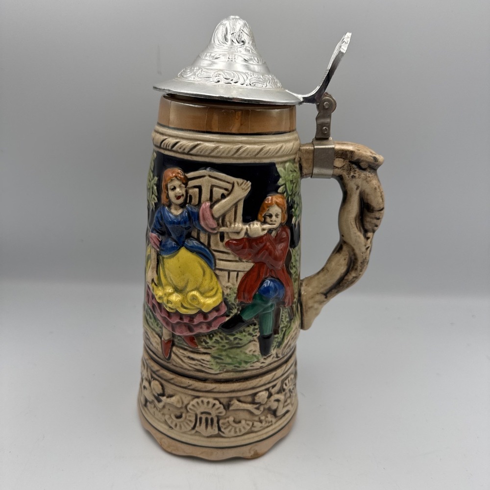 Vtg German-Style Beer Stein Mug, Japan-Made, Metal Lid, 1L, Hand-Painted Collect